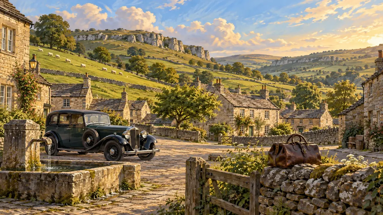 Painterly Yorkshire Dales village with limestone cottages, sheep and a vintage car