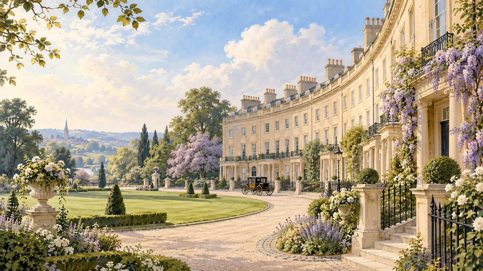 AI-generated illustration of a fictional Regency crescent, garden and carriage