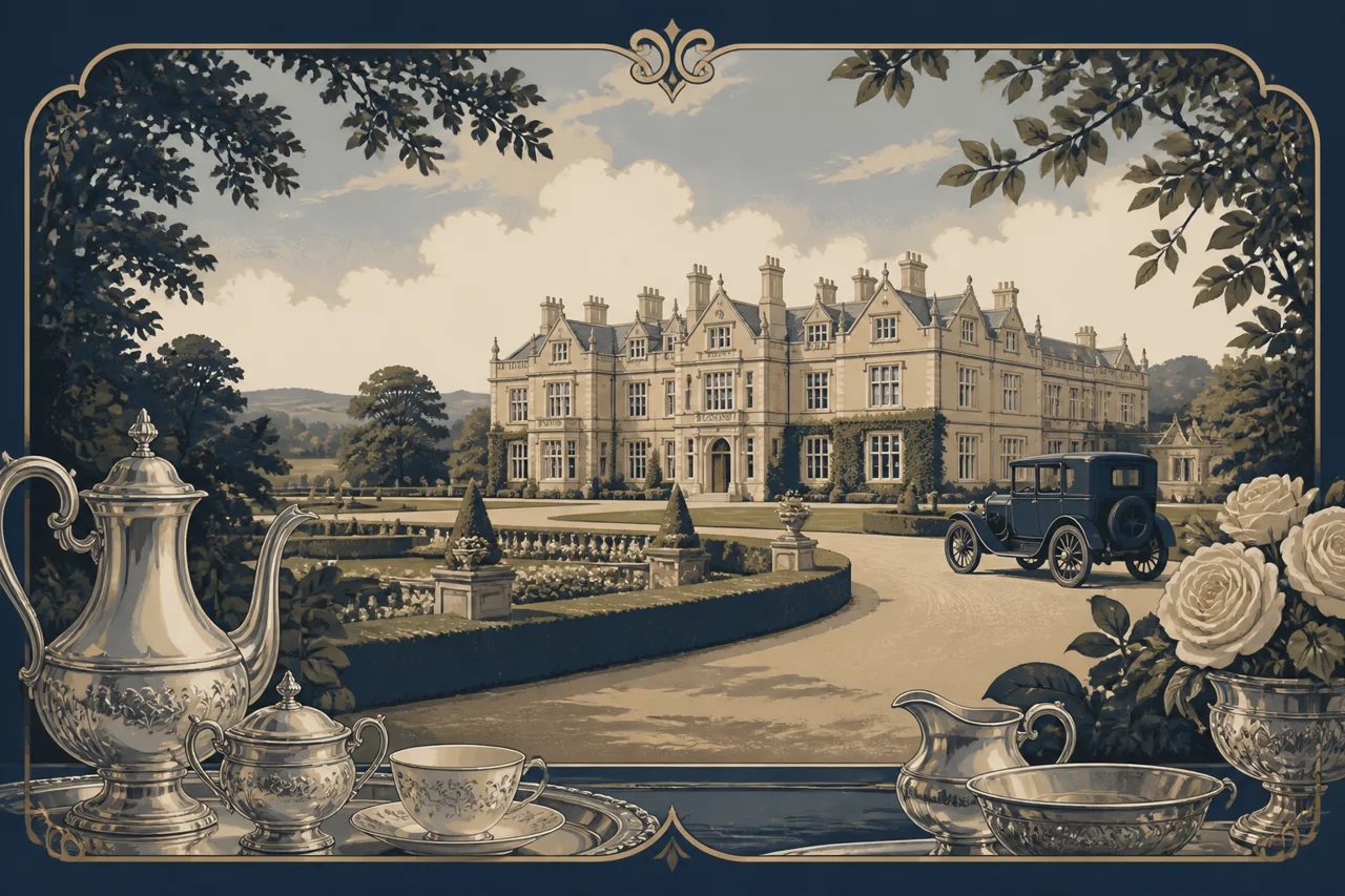 An illustrated Edwardian country house with formal gardens, a vintage motorcar and silver tea service