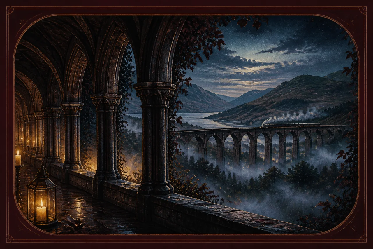 An illustrated moonlit cloister overlooking a steam train crossing a Highland viaduct