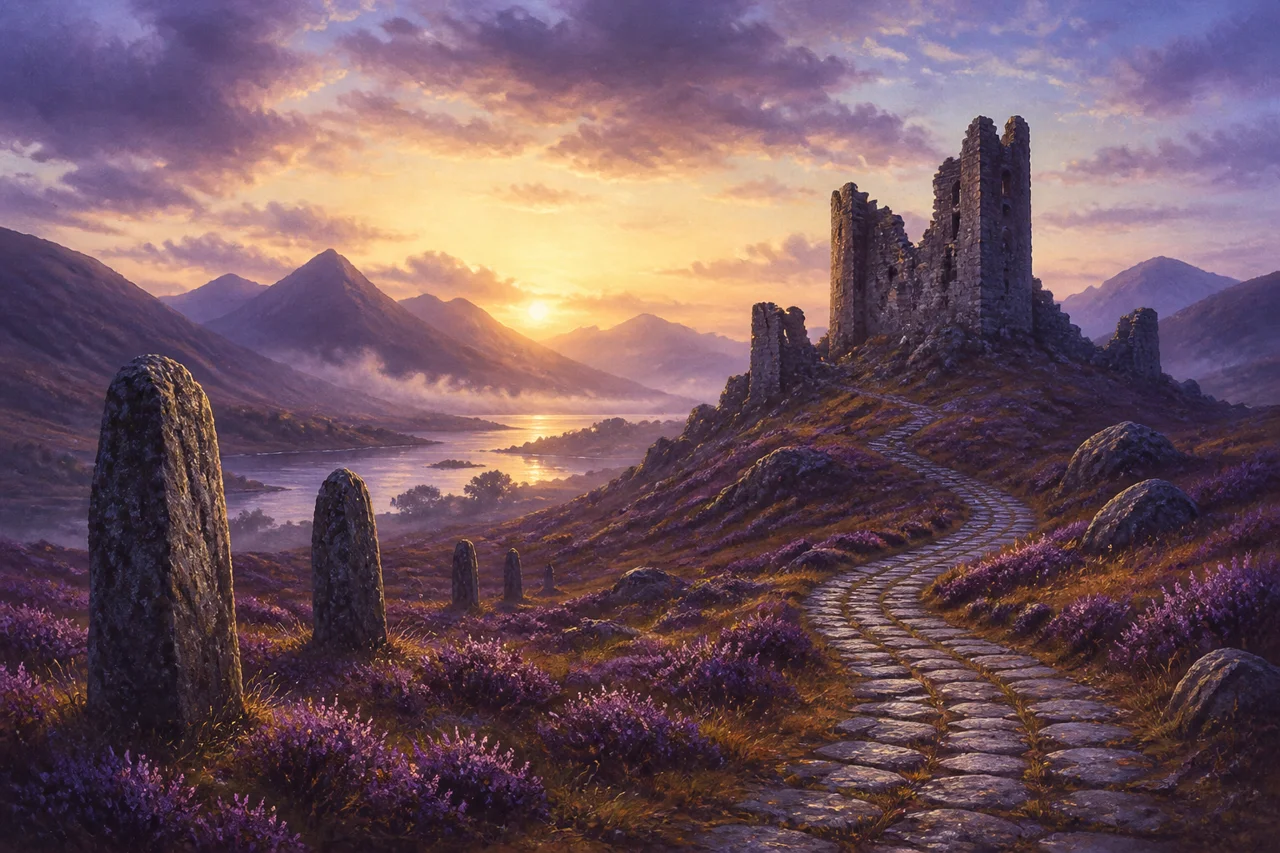 An illustrated Highland glen at sunset with standing stones, heather and a ruined castle