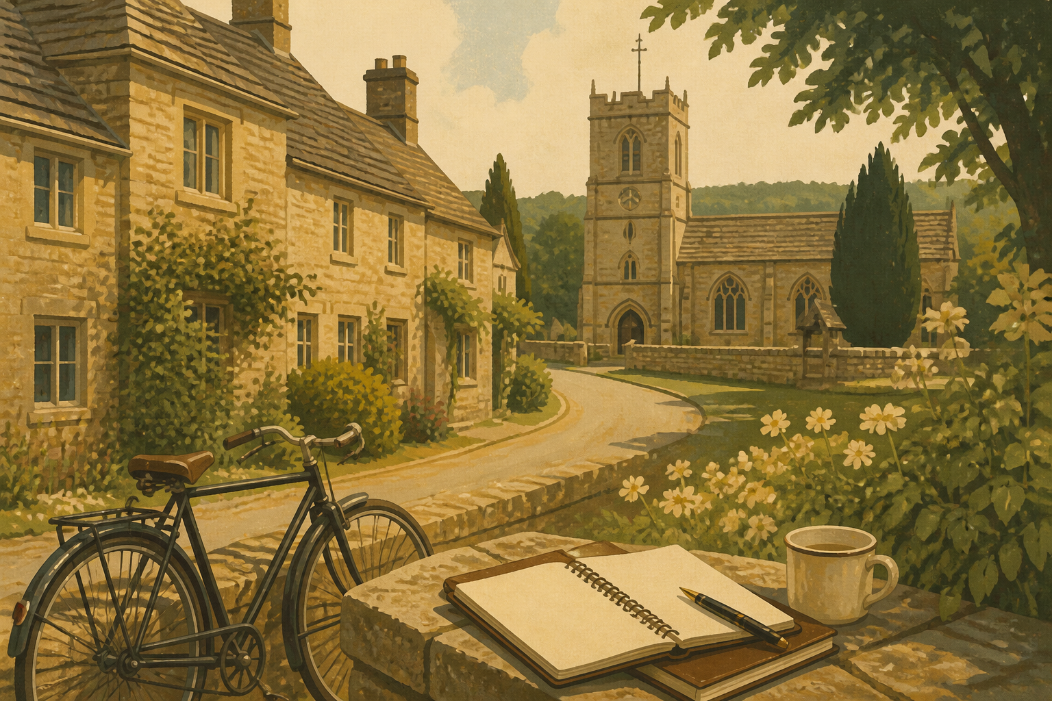 An illustrated Cotswolds church lane with a vintage bicycle and detective notebook