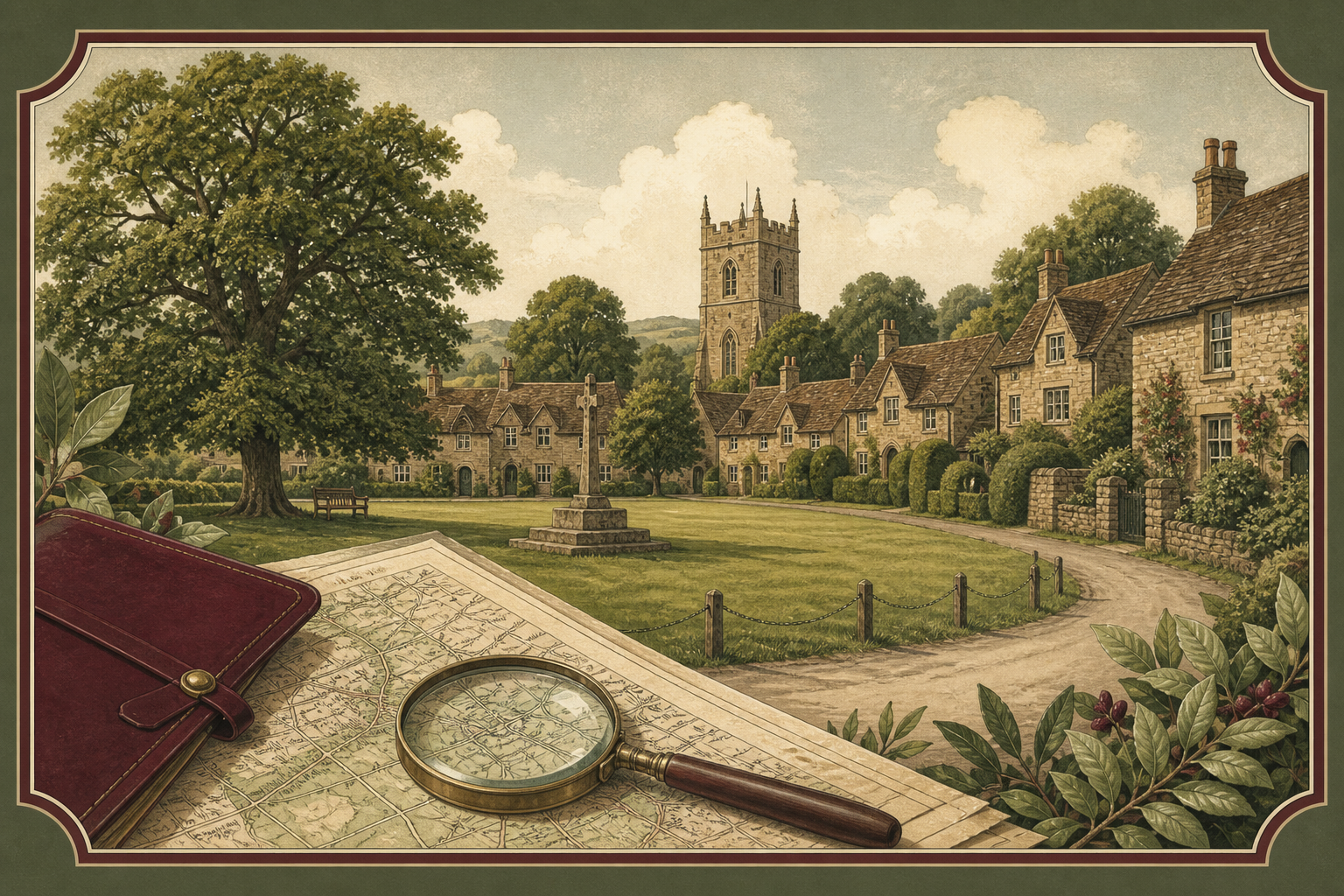 An illustrated English village green with stone cottages, church tower, map and magnifying glass