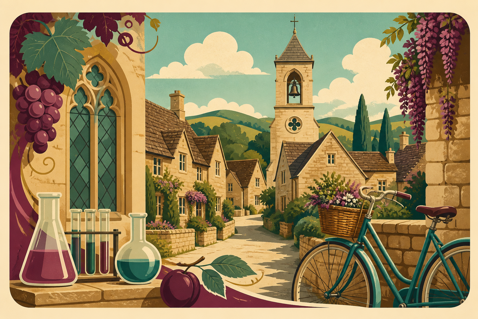 An illustrated Cotswolds convent village framed by a bicycle, laboratory glassware and grapevines