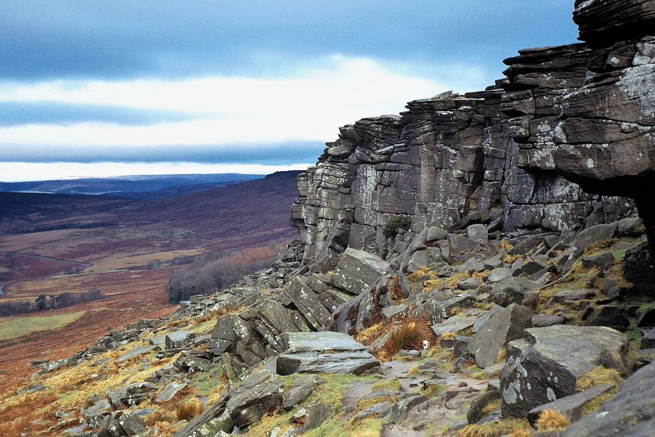 Gritstone rocks along Stanage Edge above the open Peak District moorland