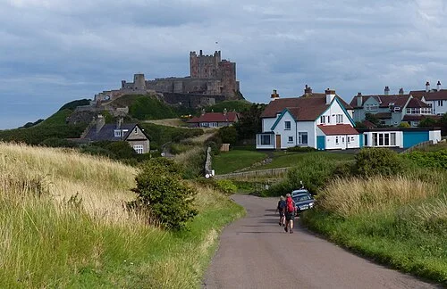 Bamburgh Castle above the village and coastal grassland