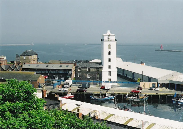 North Shields Fish Quay and its white navigation tower beside the Tyne