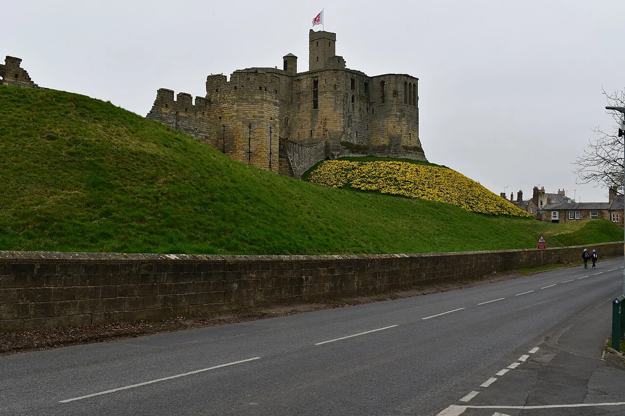Warkworth Castle rising above a grassy bank beside the village road
